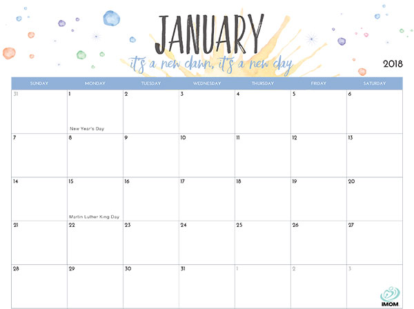 January 2018 printable calendar with holidays list