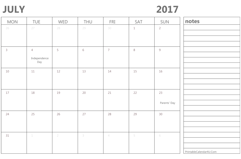 July 2017 calendar printable 