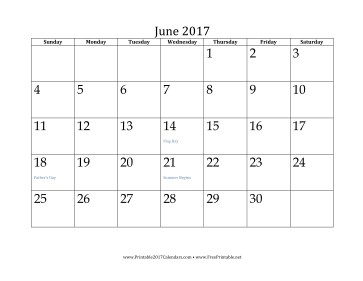 June 2017 calendar printable