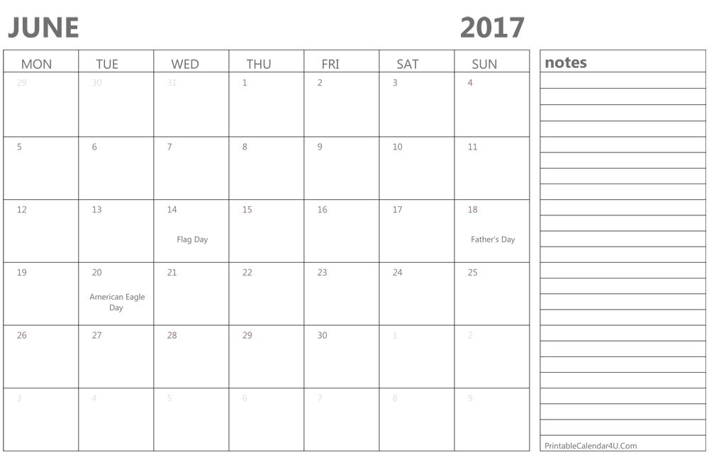 June 2017 calendar printable