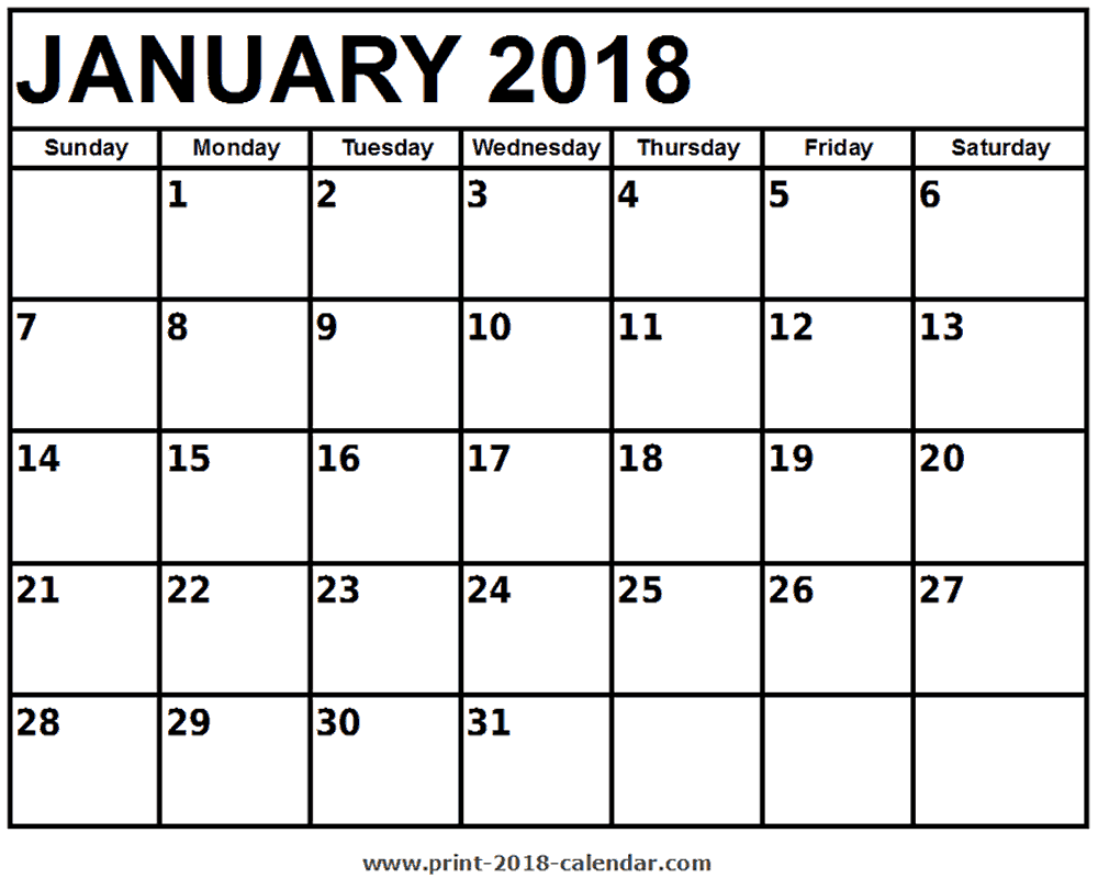 Monthly January 2018 printable calendar