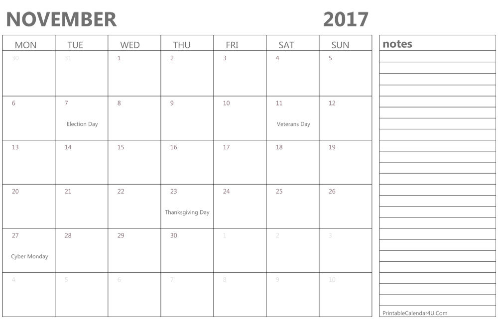 Download November 2017 calendar printable