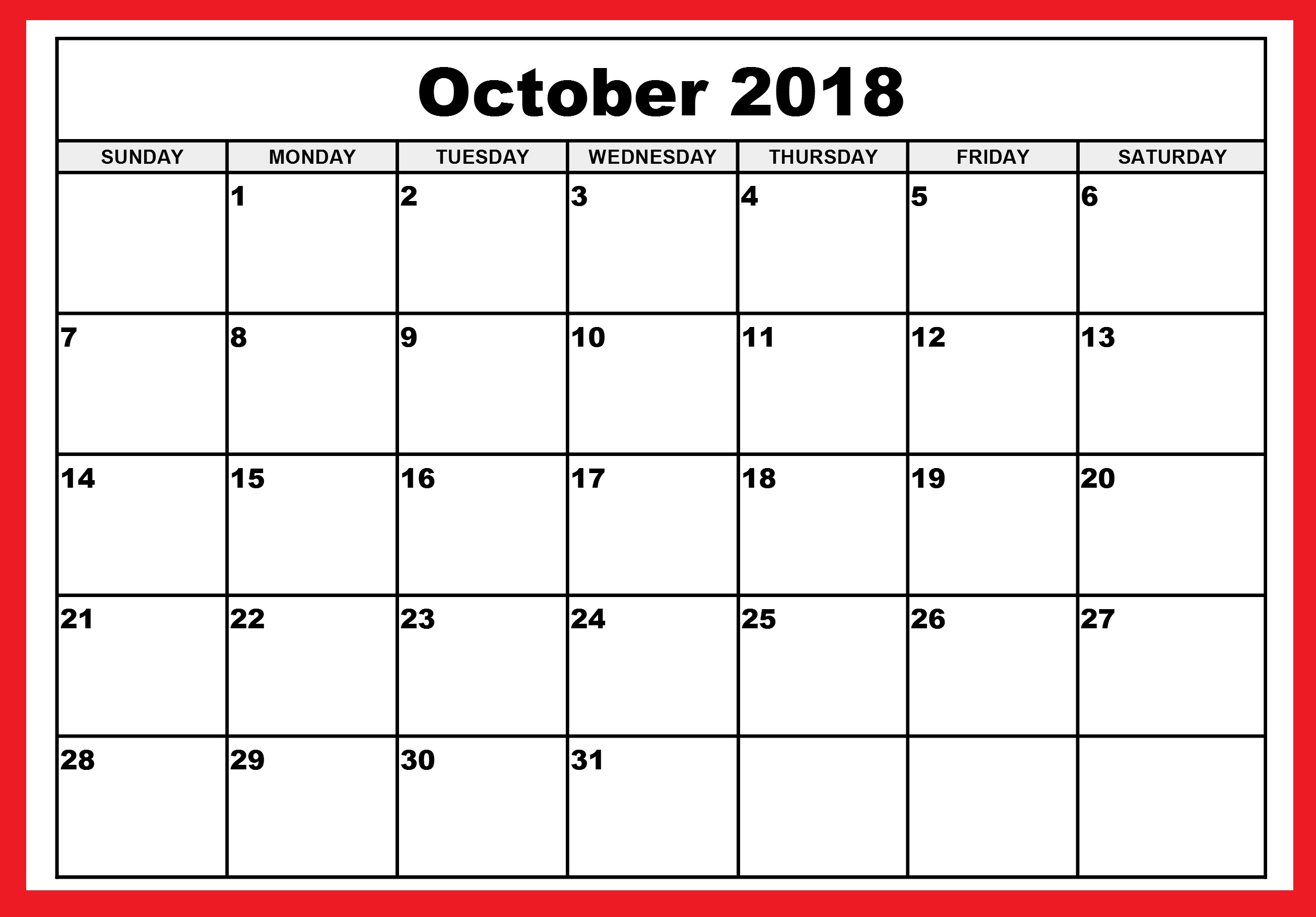 October 2018 calendar printable