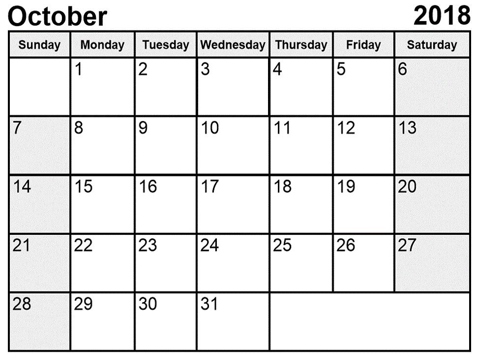 Big October 2018 calendar printable