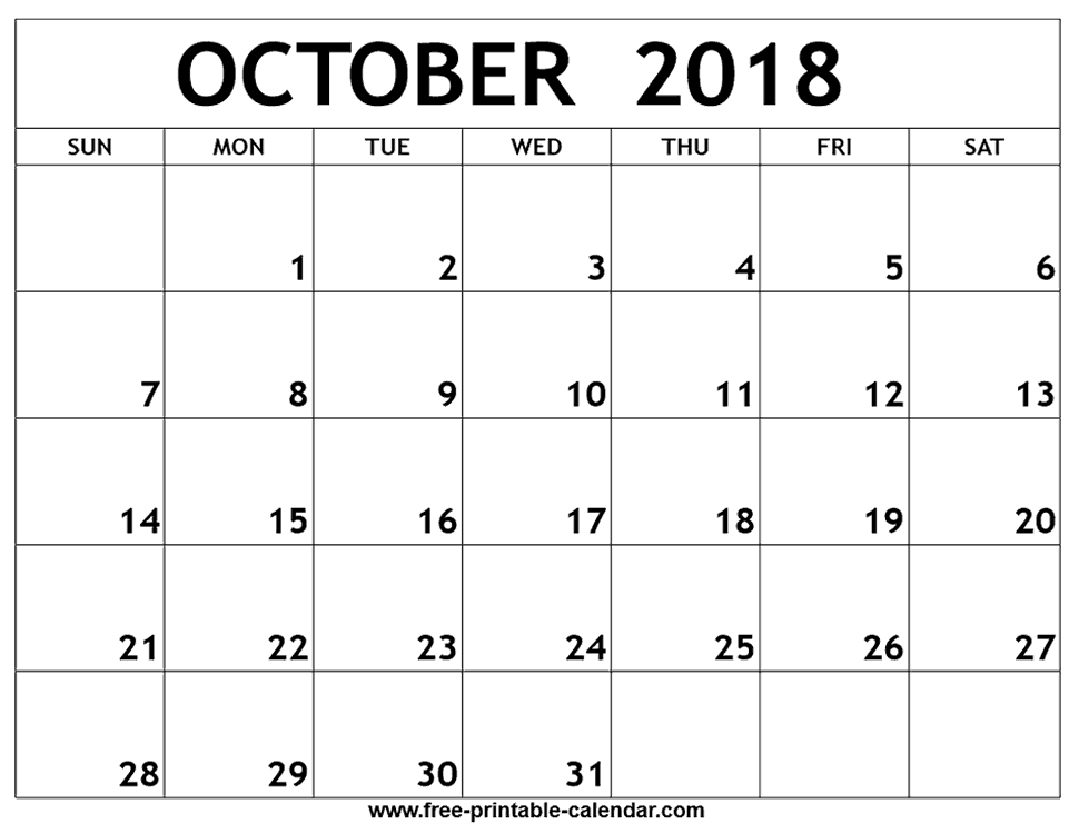 October 2018 calendar printable