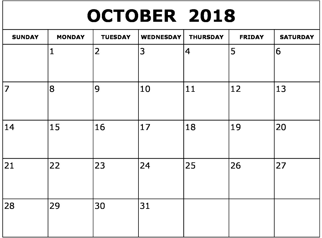 Monthly October 2018 calendar printable