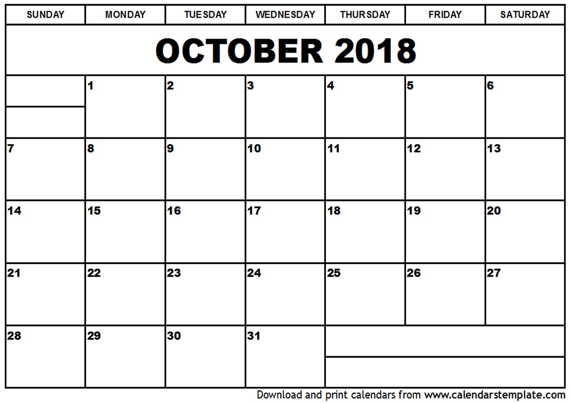 October 2018 calendar printable