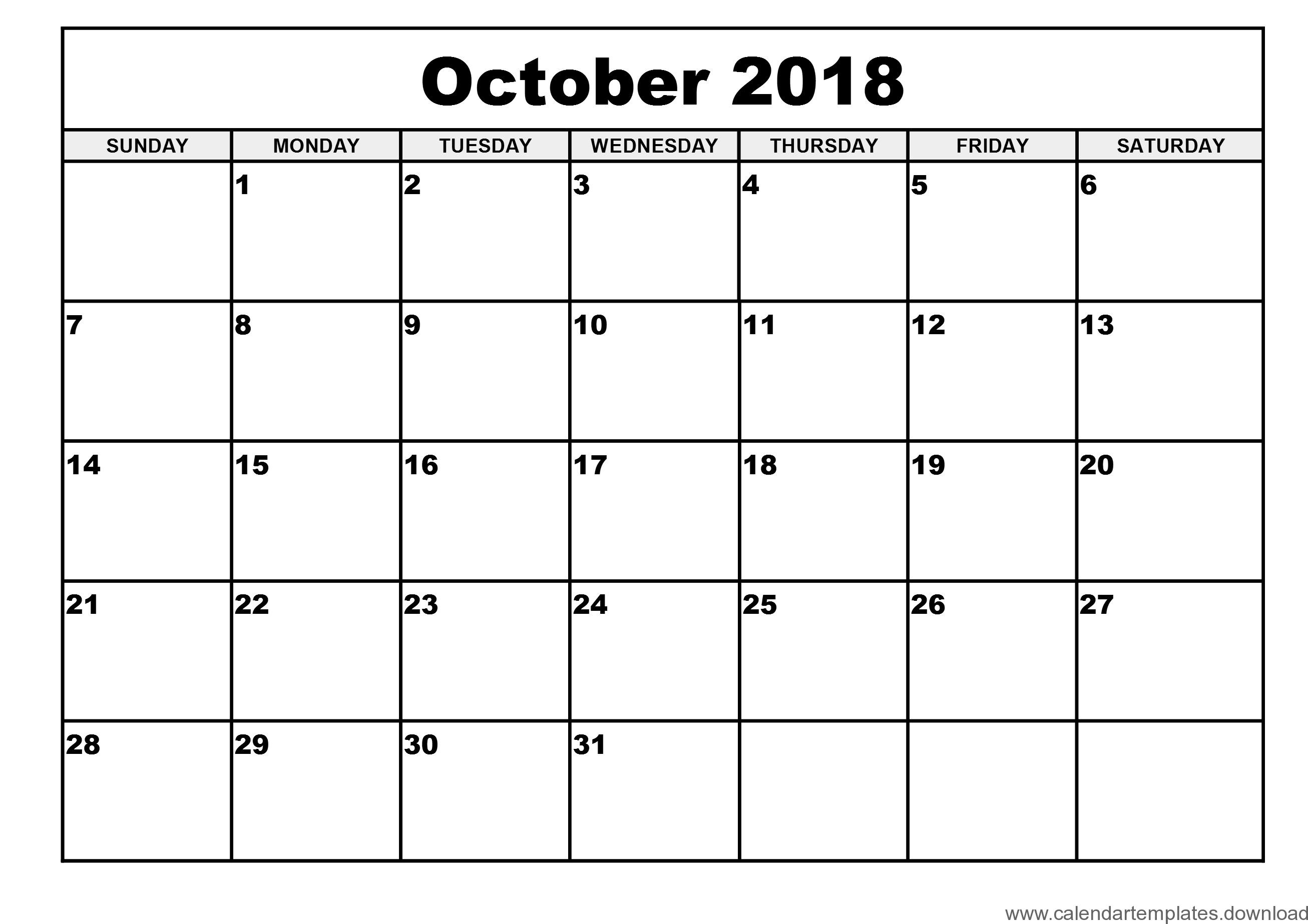 October 2018 calendar printable