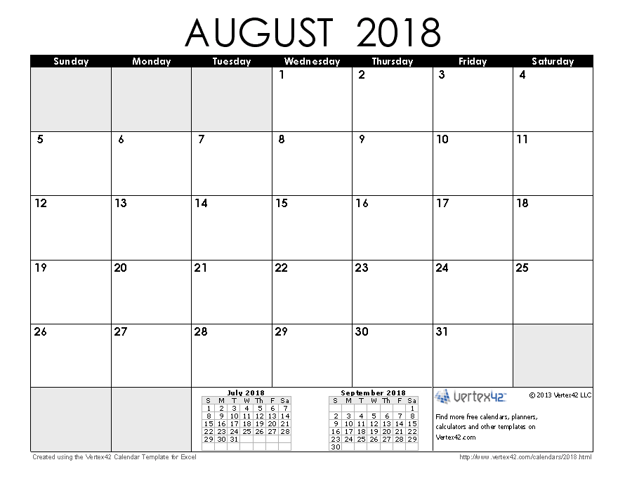 Printable calendar august 2018