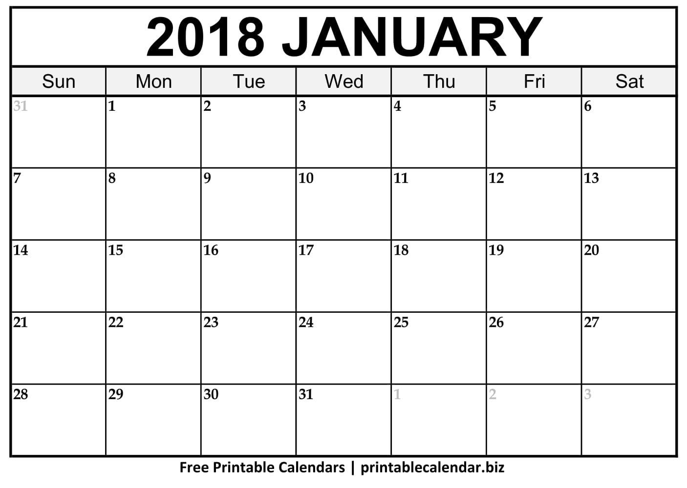 Printable calendar January 2018