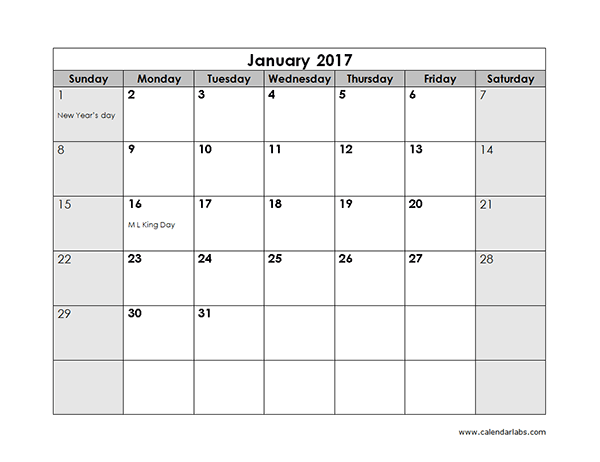 Printable monthly calendar 2017 