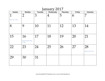 Printable monthly calendar 2017 