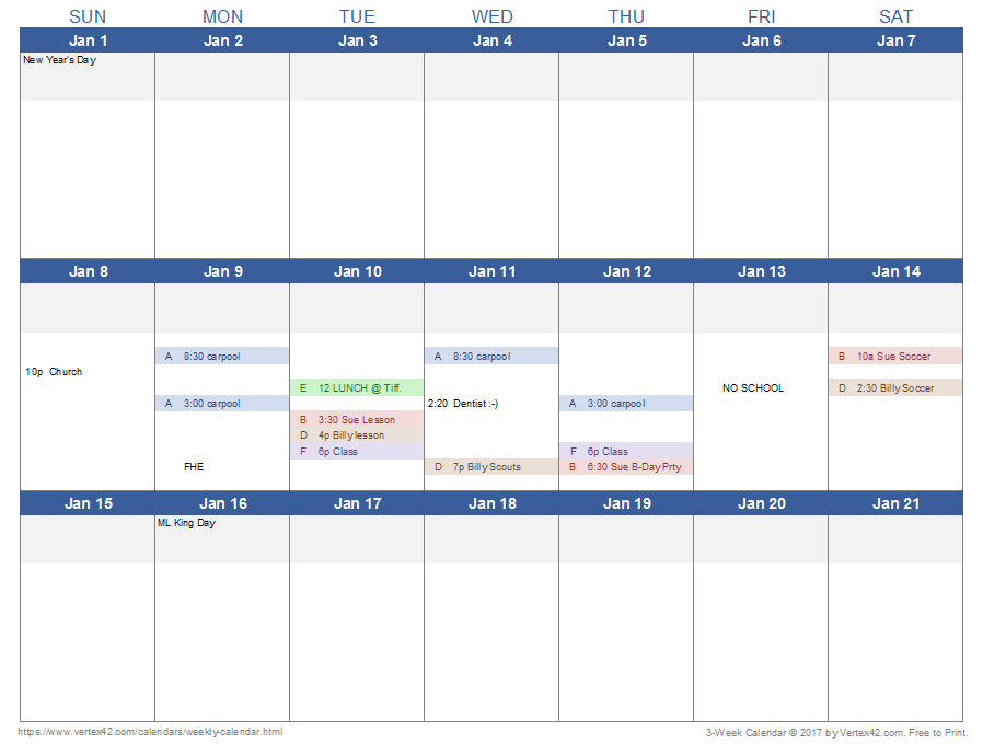 Printable weekly calendar free