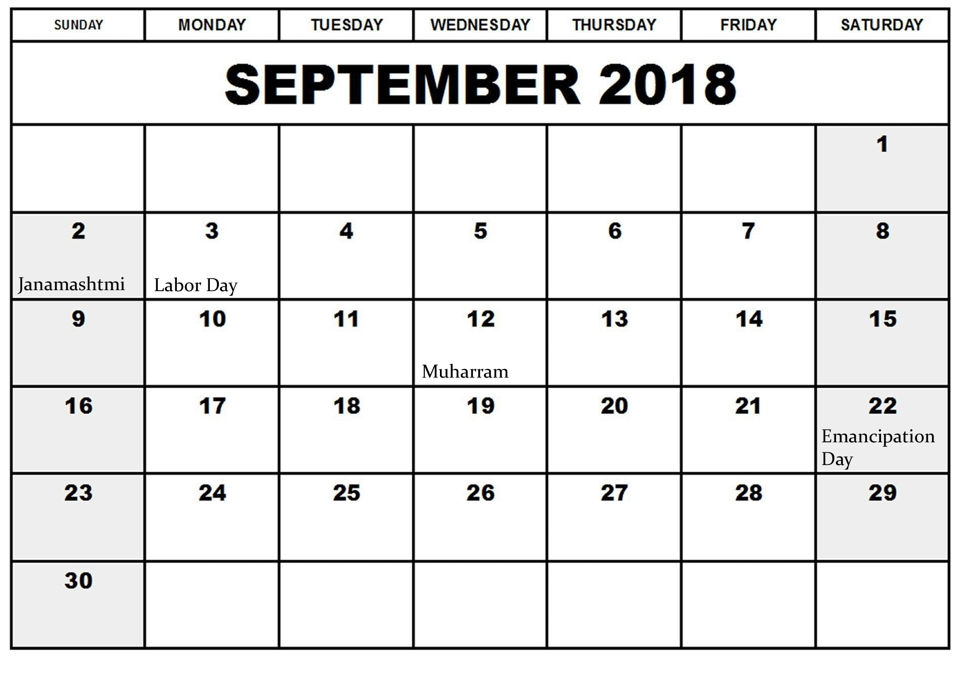 September 2018 calendar printable