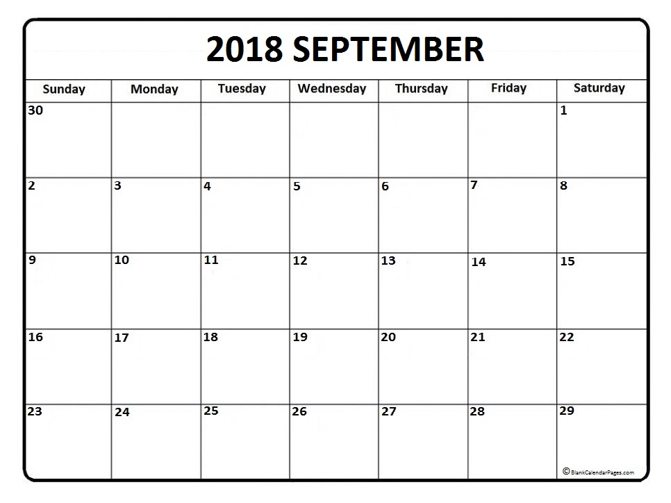 Monthly September 2018 calendar printable