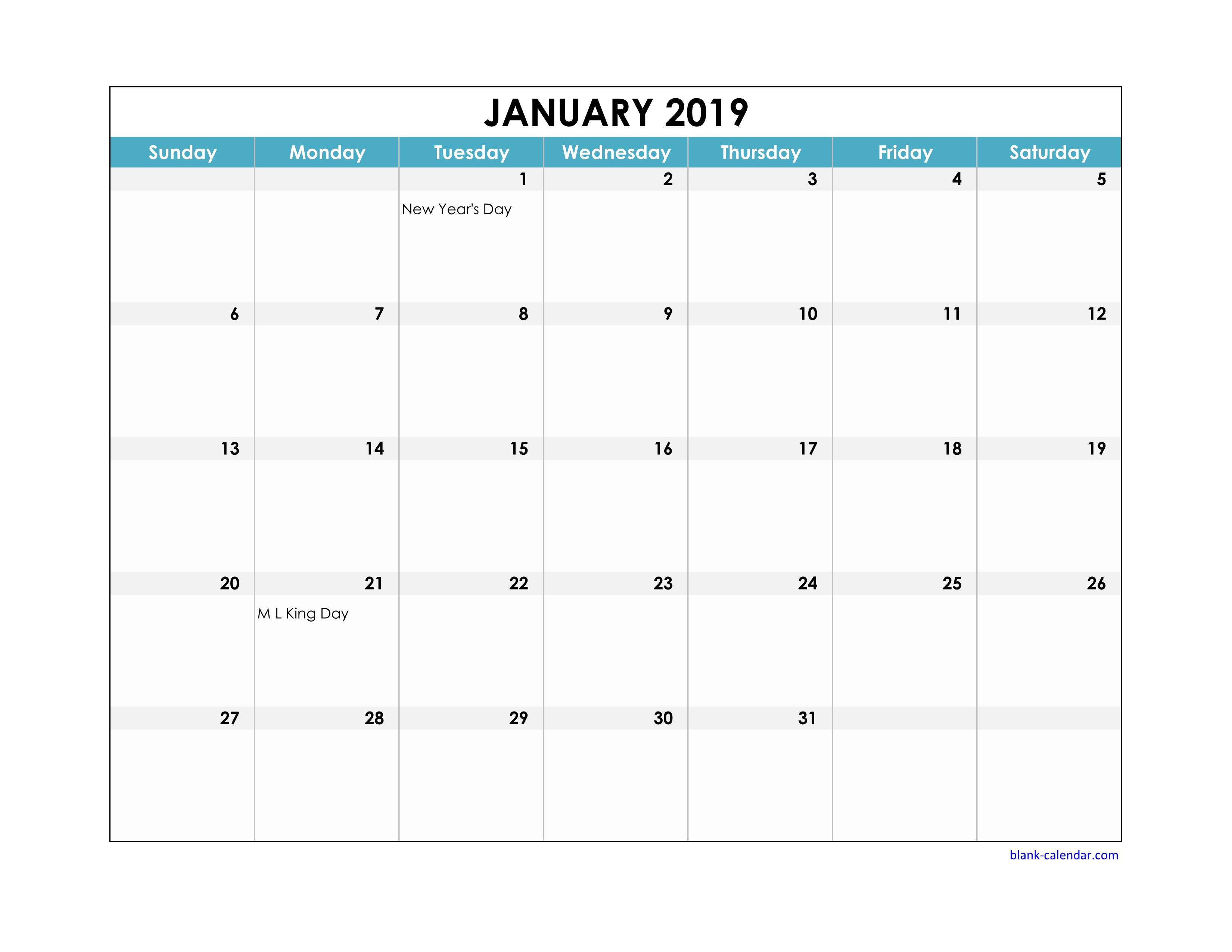 Printable 2019 calendar excel