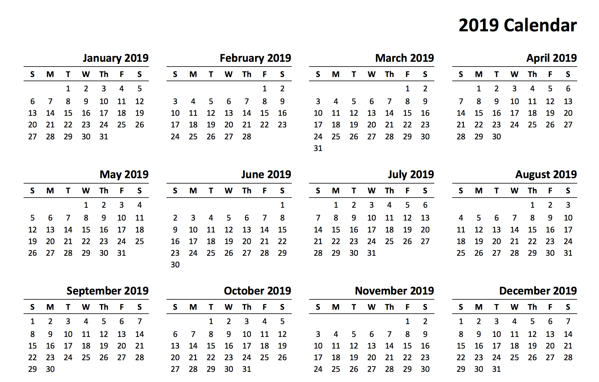 2019 calendar printable