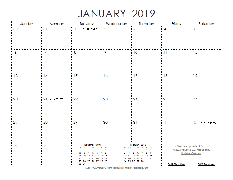 2019 calendar template