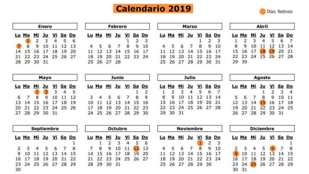 2019 calendario