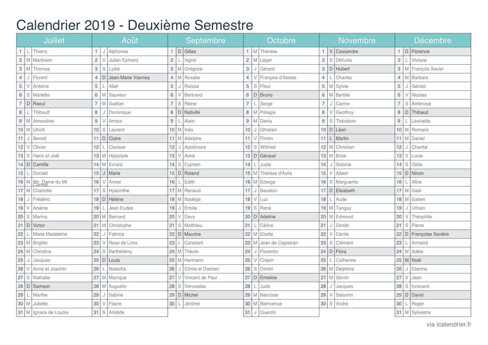 2019 calendrier imprimer