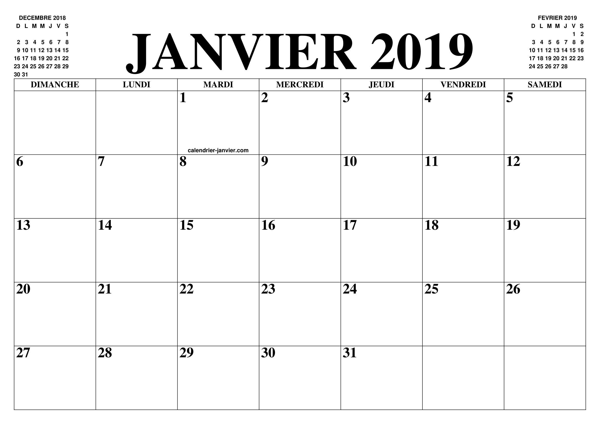 2019 calendrier imprimer