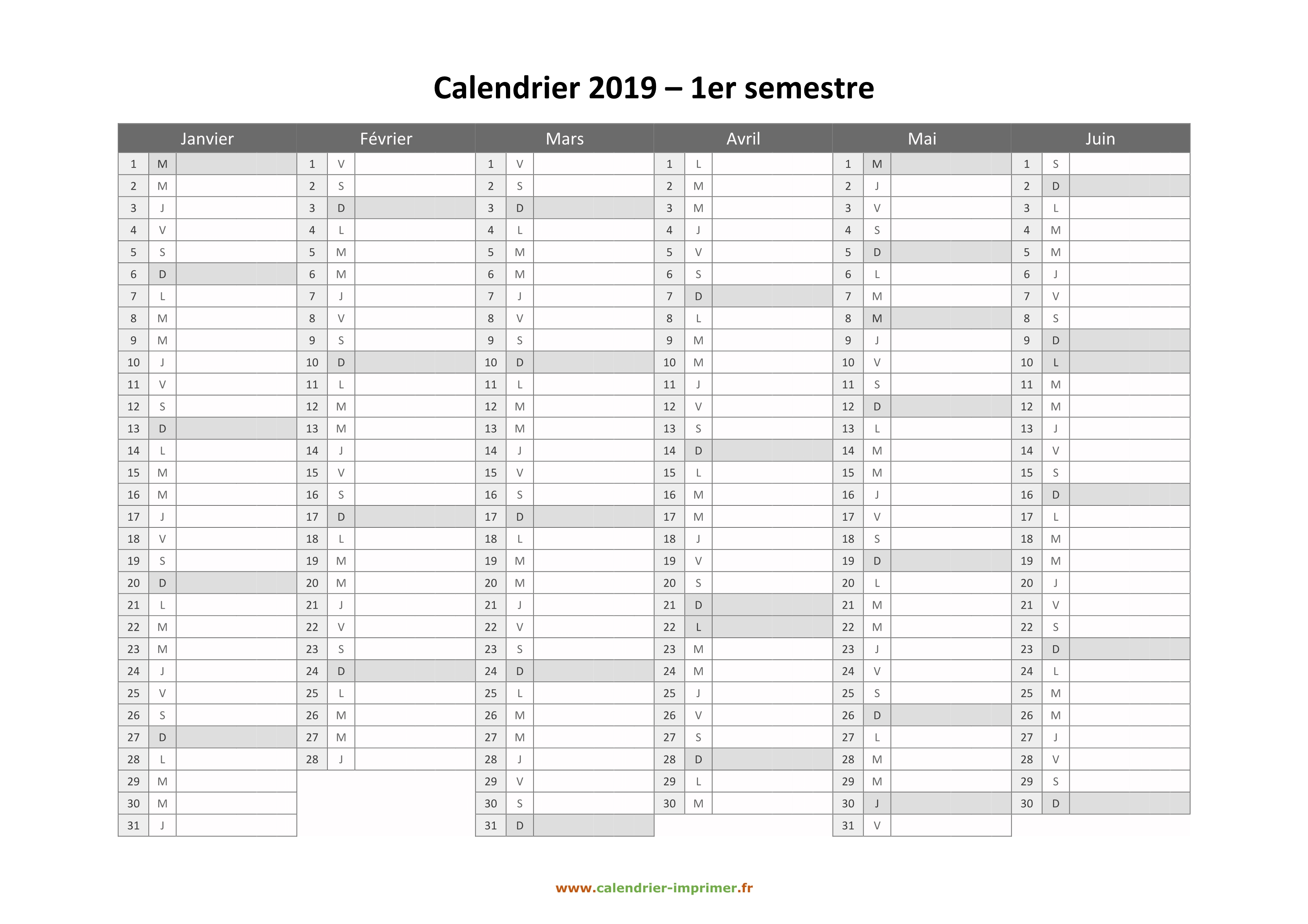 2019 calendrier imprimer