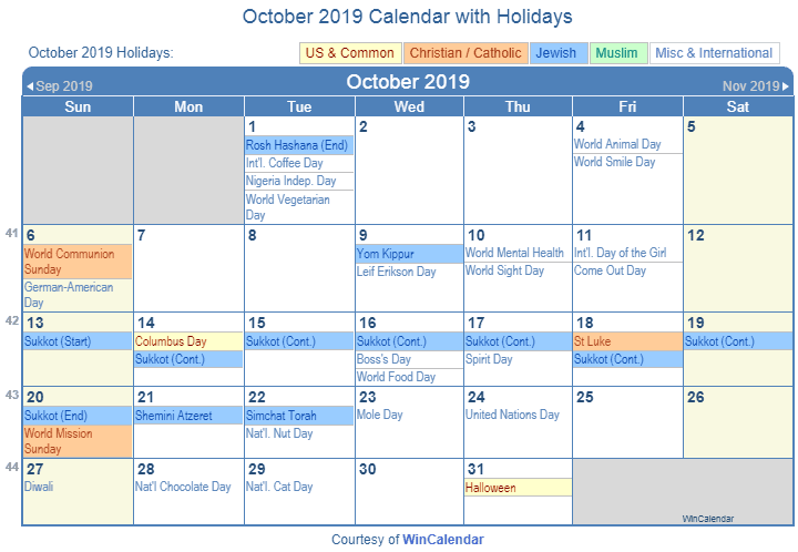 2019 holiday calendar