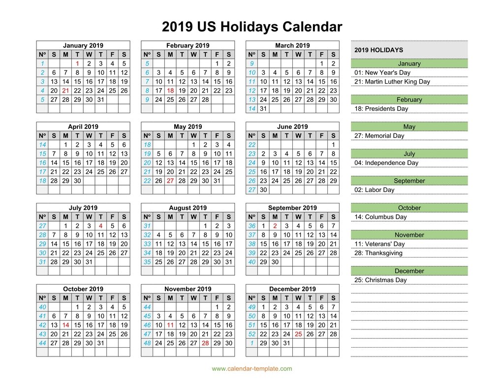 2019 holiday calendar