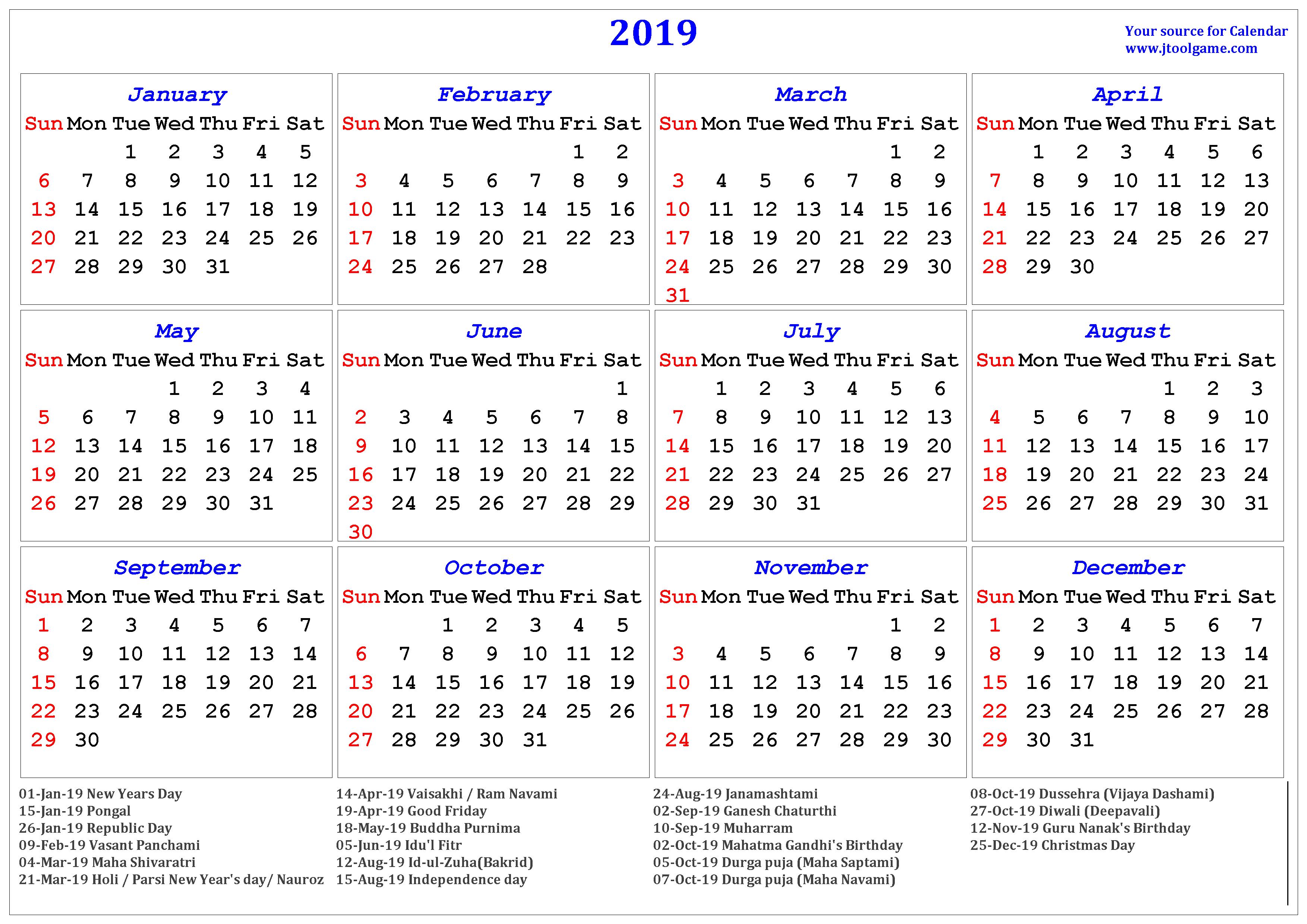 2019 holiday calendar