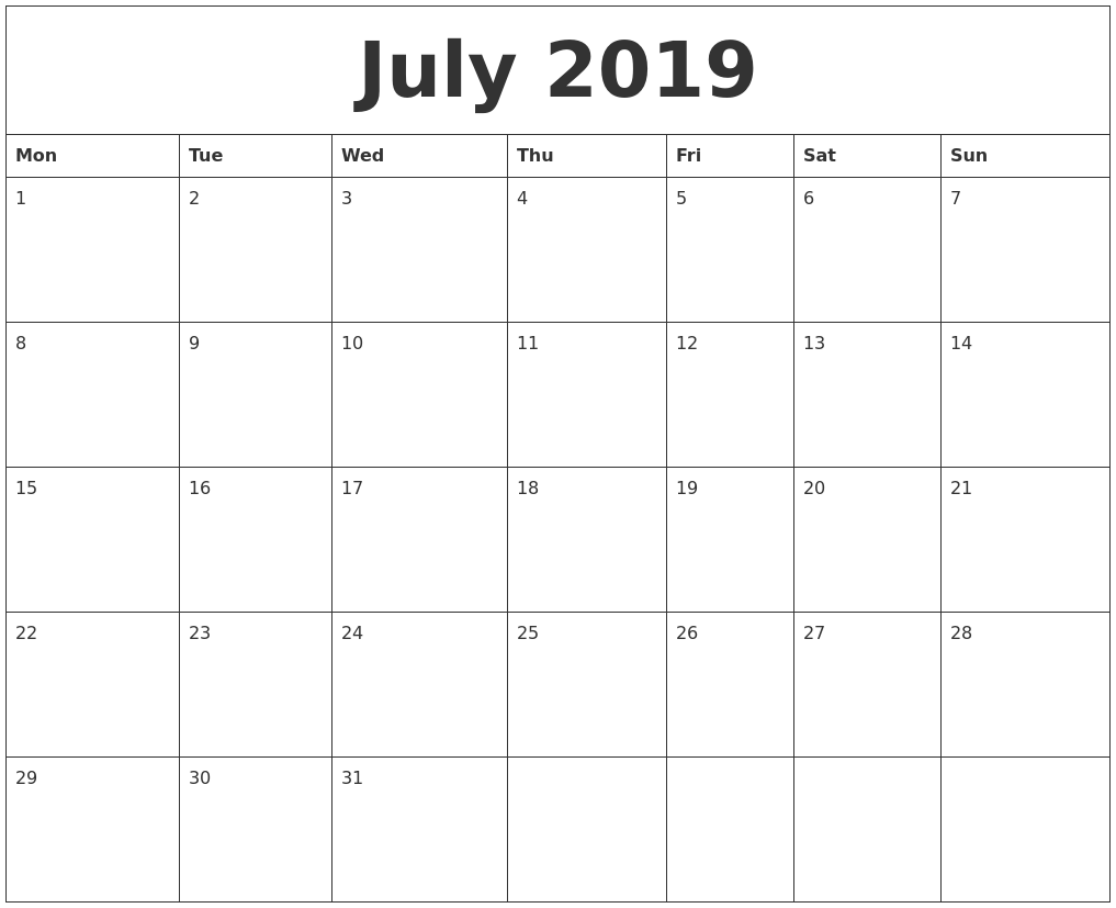 2019 printable calendar word