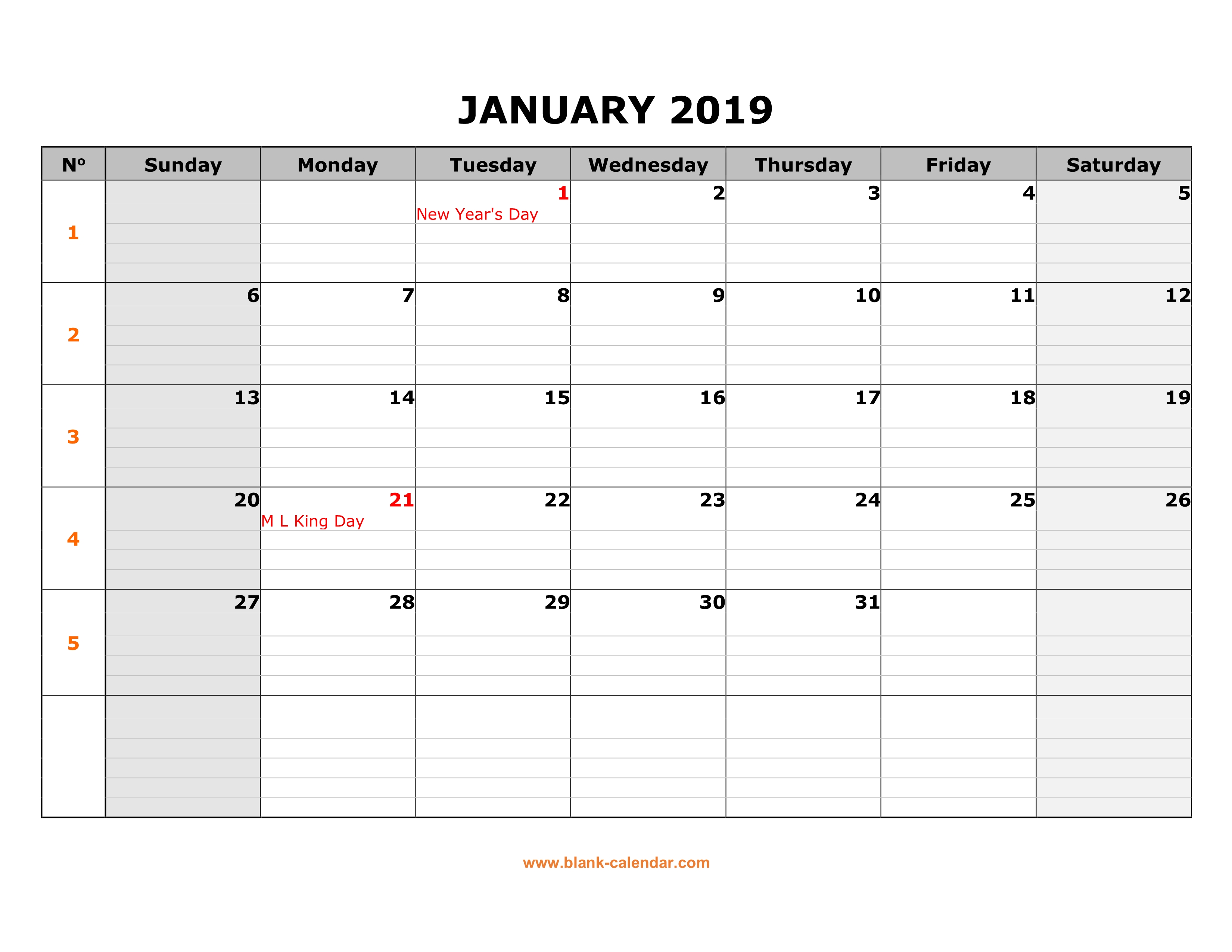 Download Printable calendar 2019 with notes