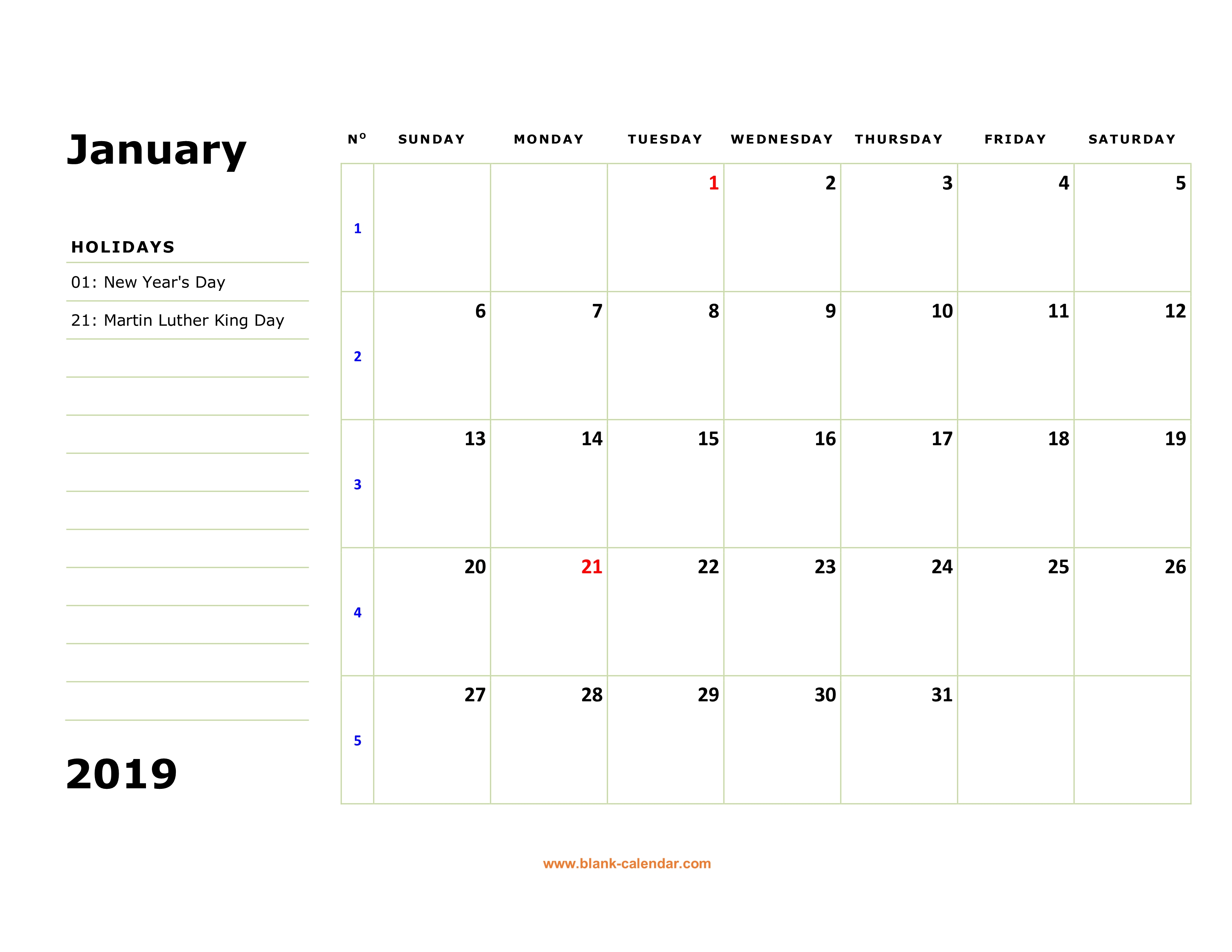 Download Printable calendar 2019 with notes and holidays