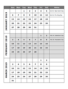 Download Printable calendar 2019 with notes for official work