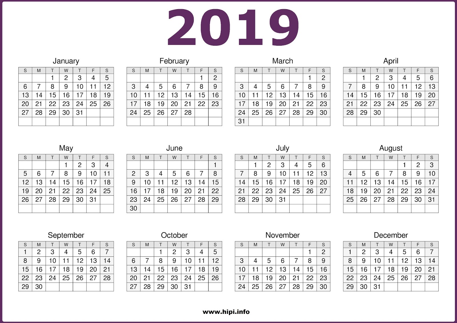 Free 2019 calendar printable one page