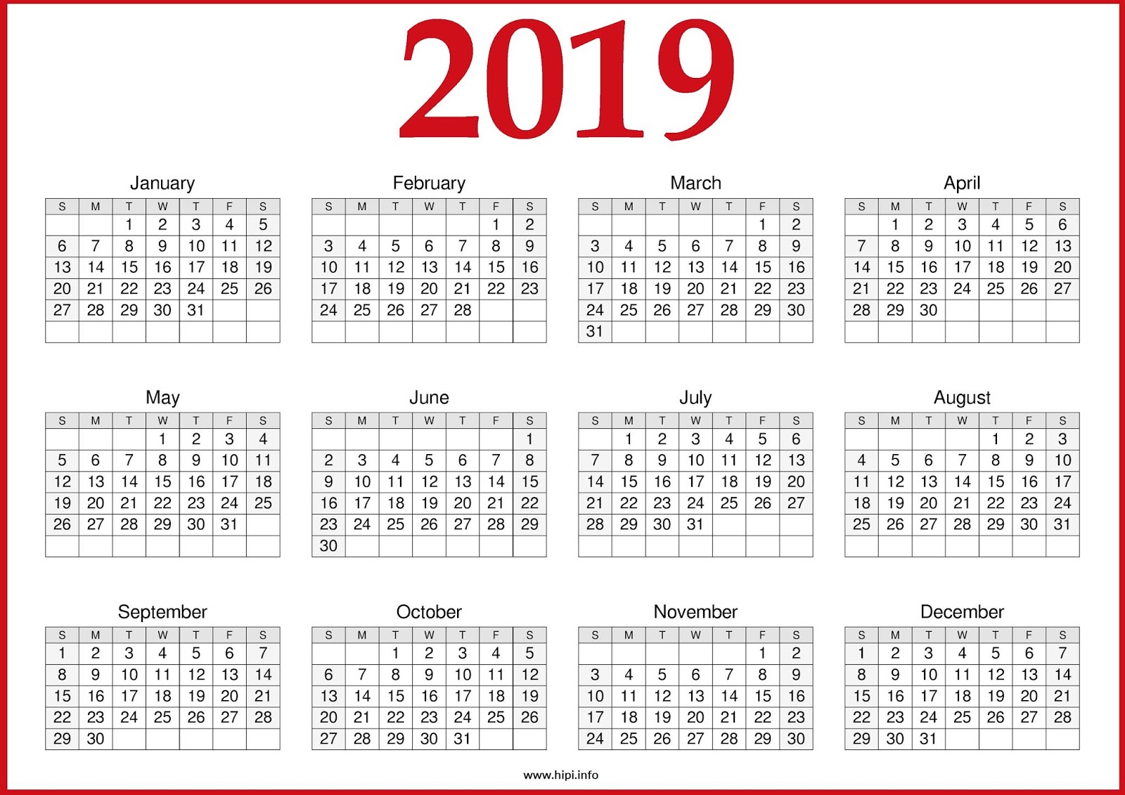 Free 2019 calendar printable one page