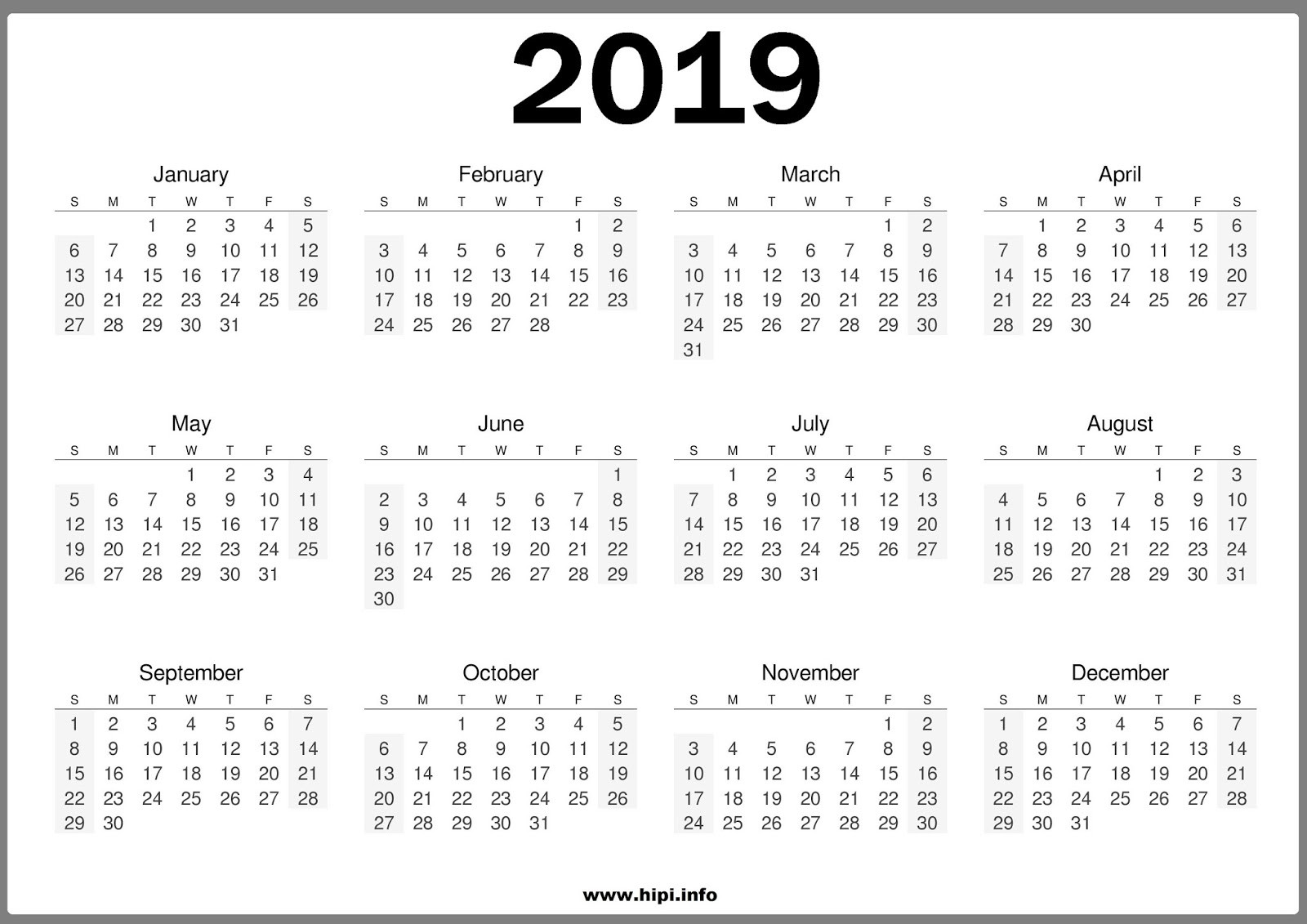 Free 2019 calendar printable one page