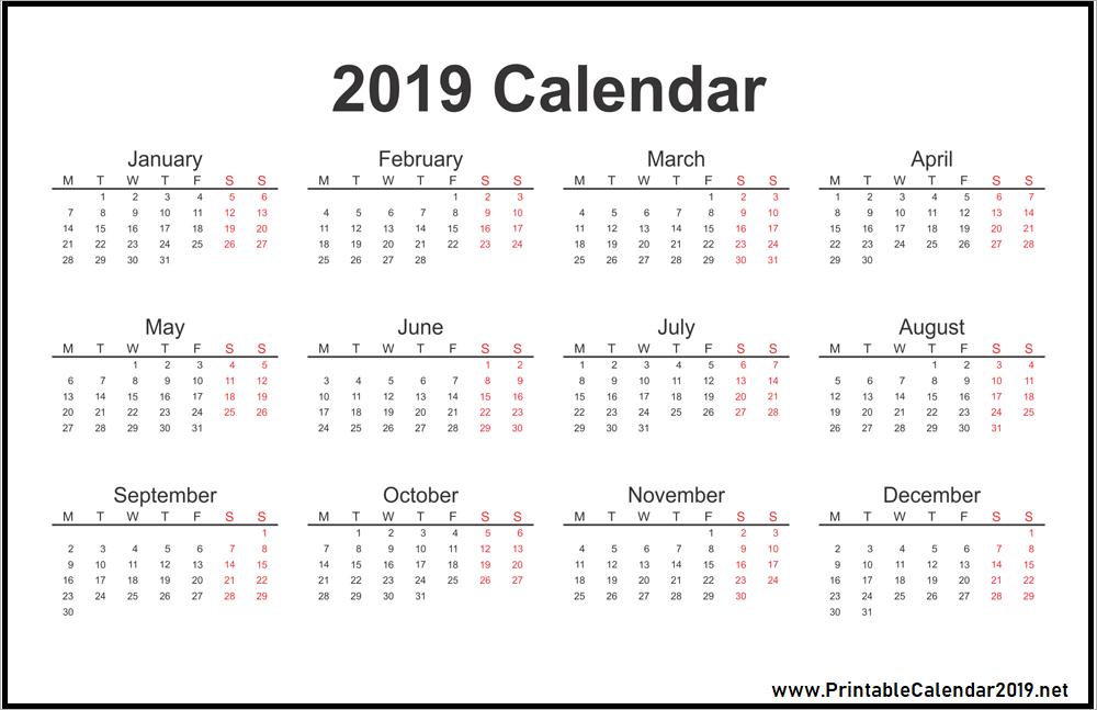 Free 2019 calendar printable one page