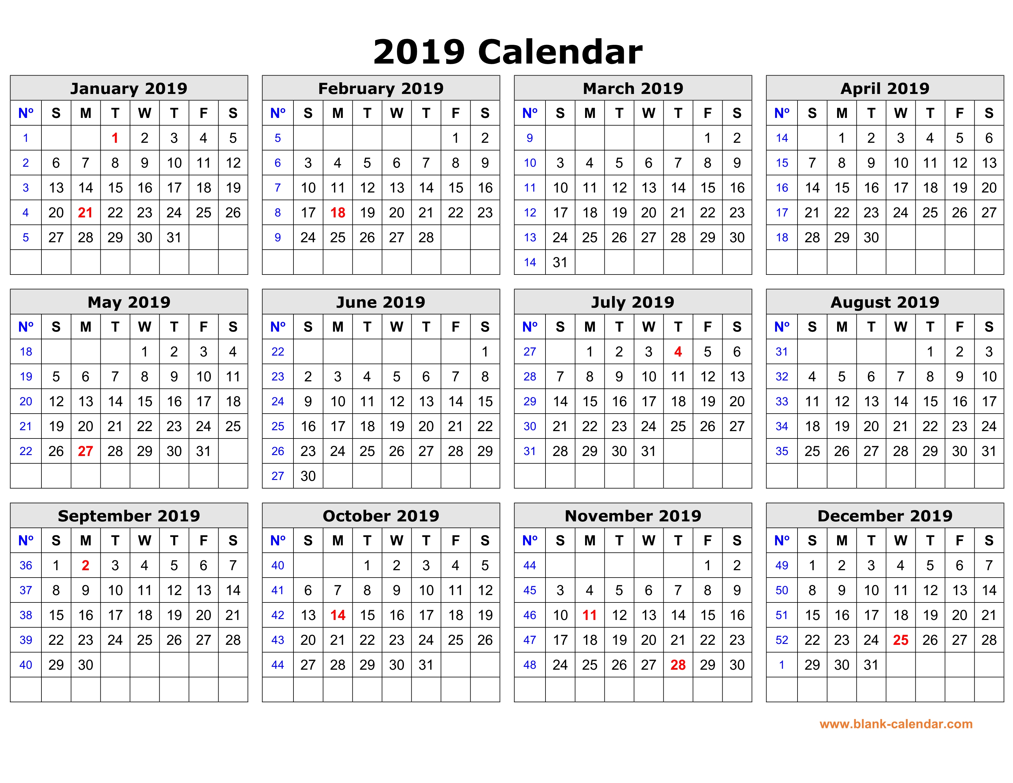 Free 2019 calendar printable one page