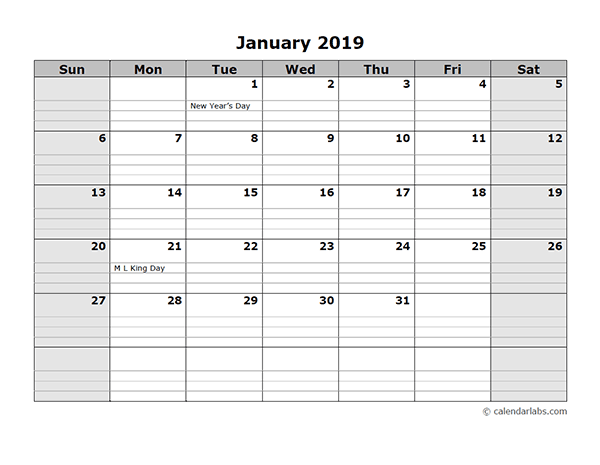 Free Download Printable calendar 2019 with notes