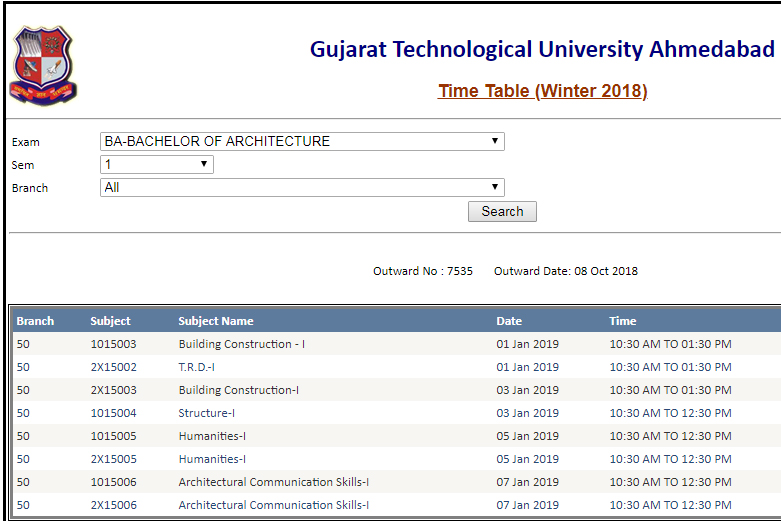 GTU 2019 Bachelor of Architecture Examination dates and timetable