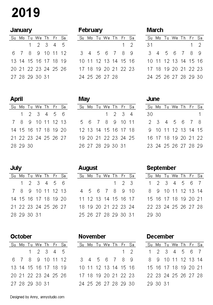 Printable 2019 calendar a4