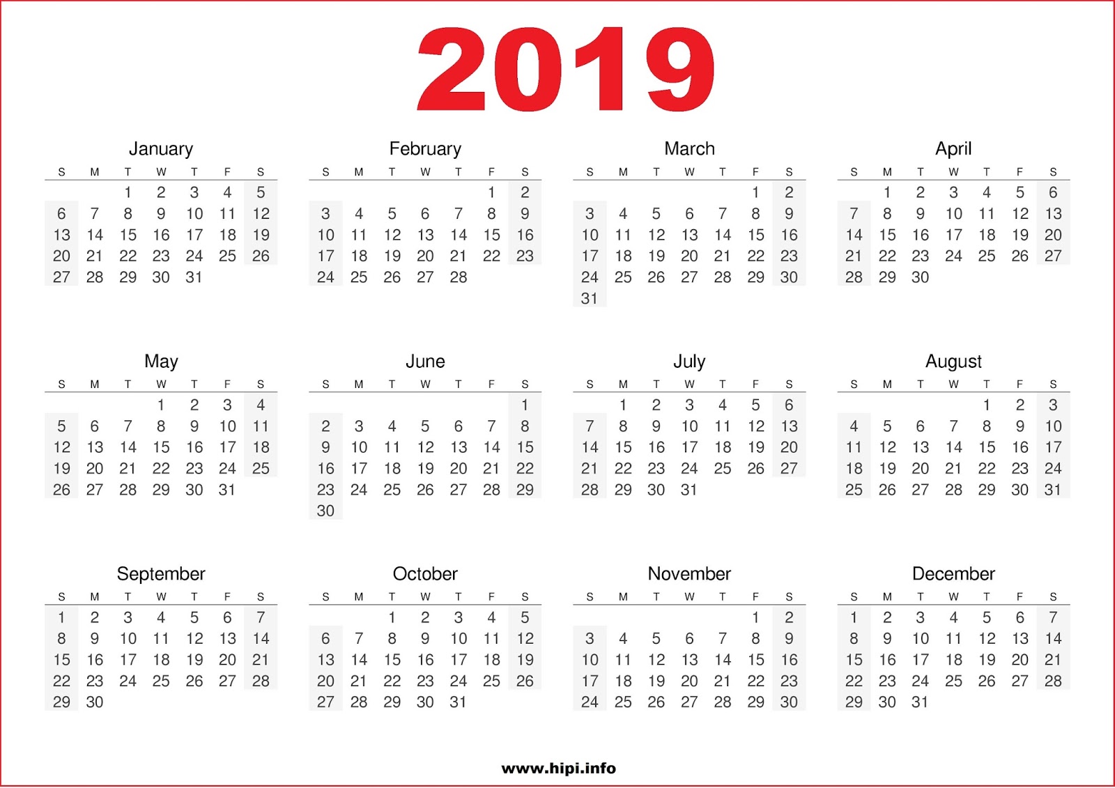 Printable 2019 calendar a4