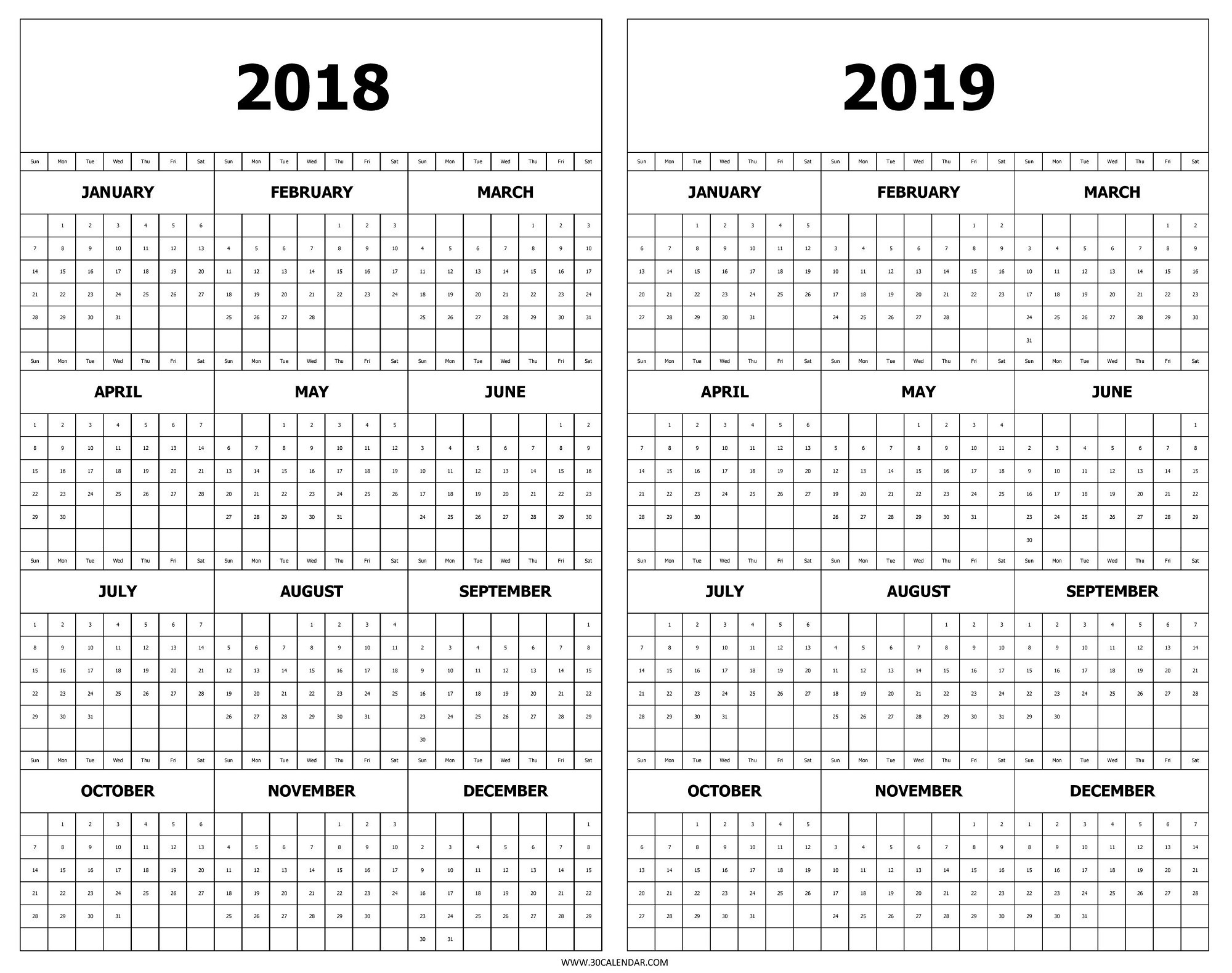 Download Printable 2019 calendar at a glance