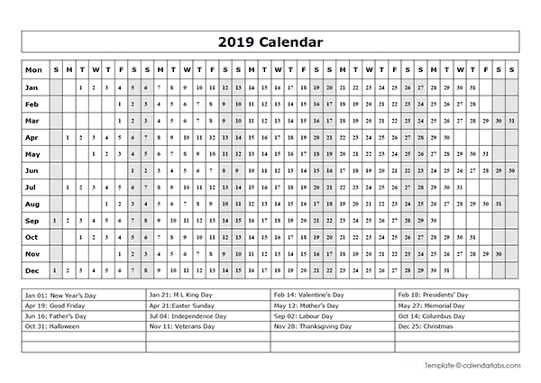 Printable 2019 calendar at a glance