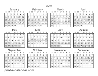 Download Printable 2019 calendar at a glance