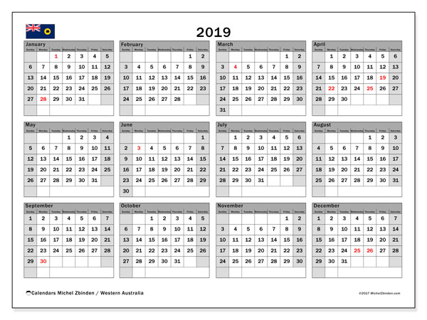 Printable 2019 calendar australia