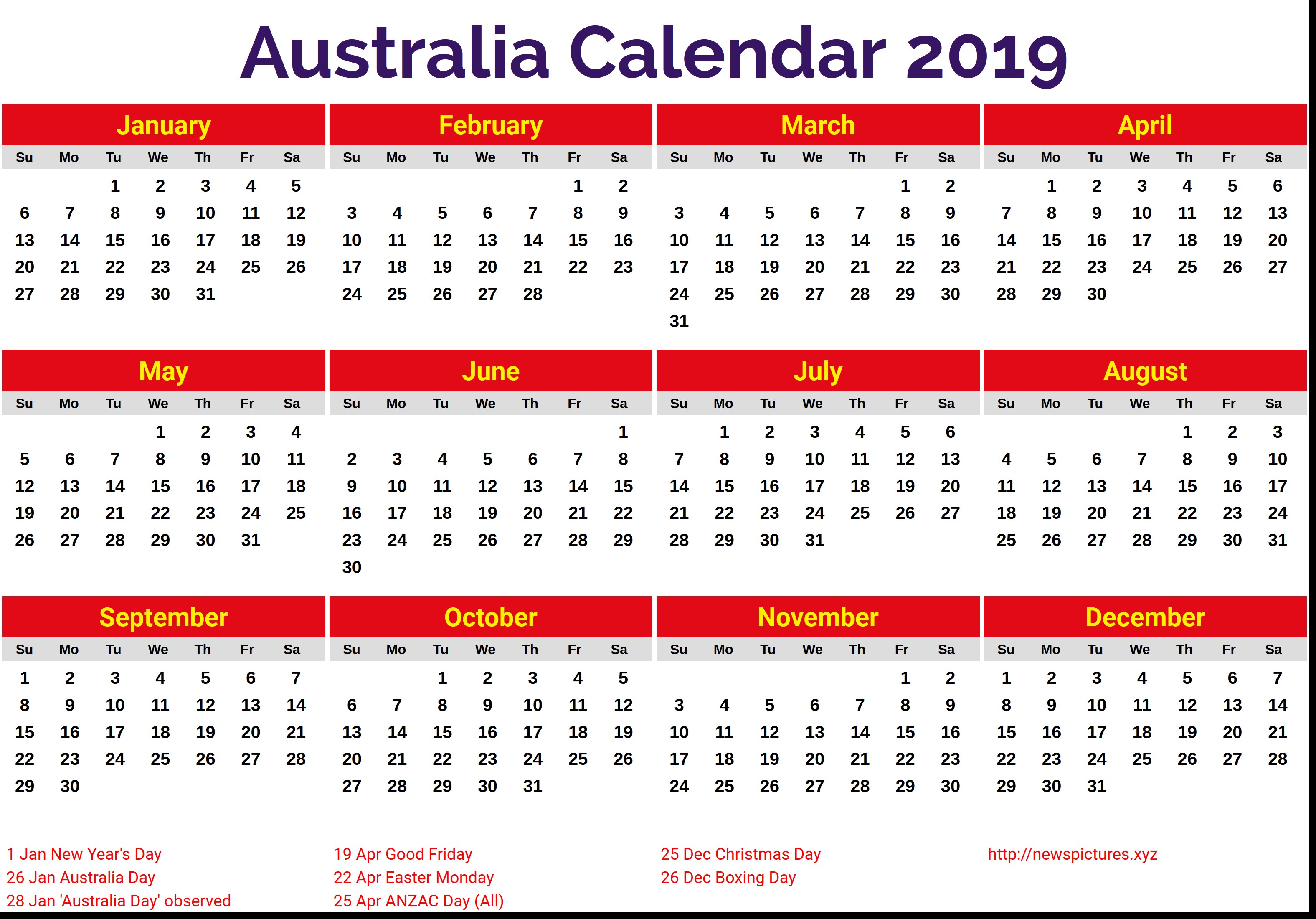 Printable 2019 calendar australia