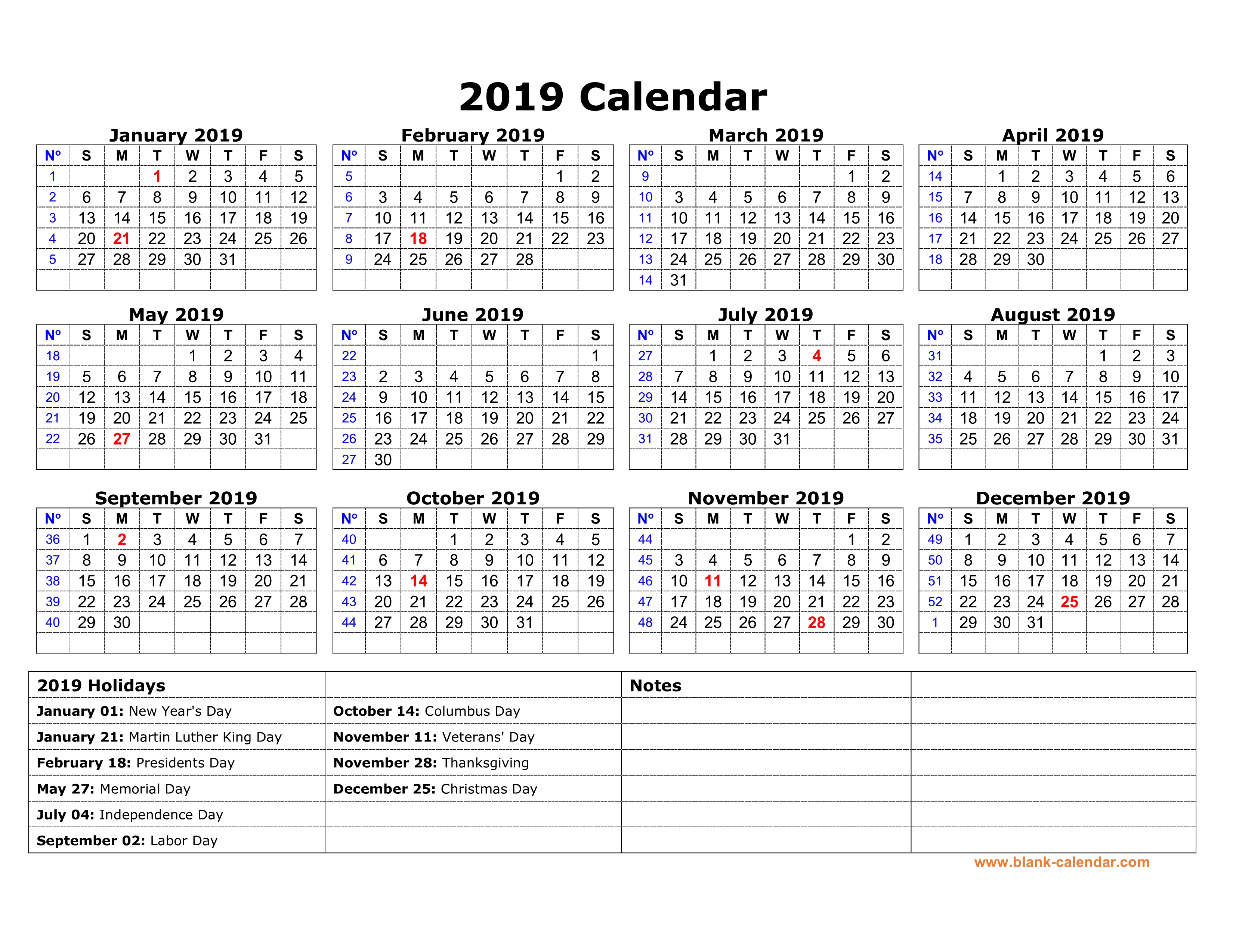 Printable calendar 2019 with us holidays list