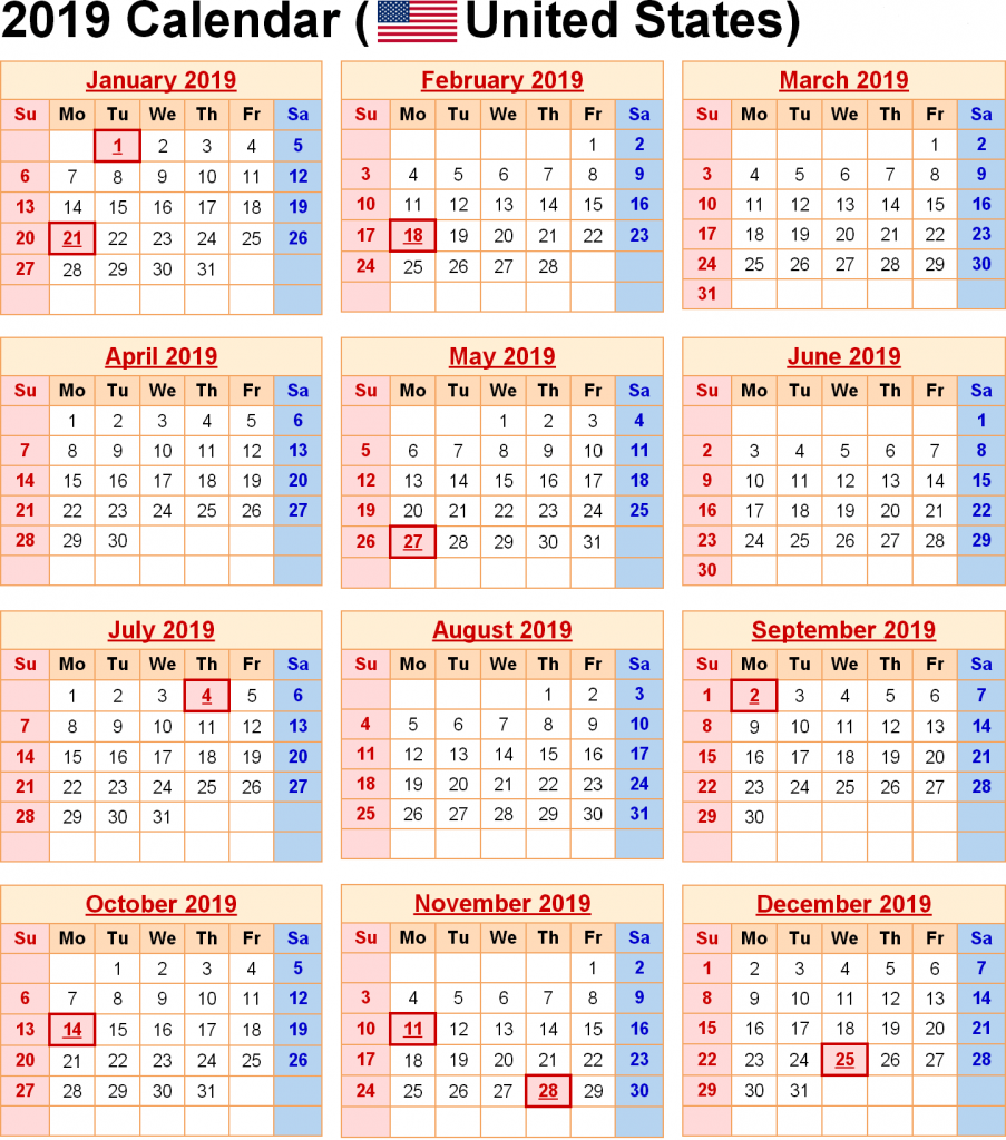 Printable calendar 2019 with us holidays list