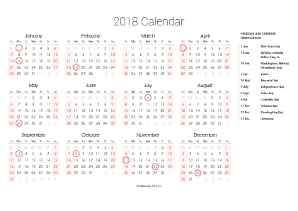 Printable calendar 2019 with us holidays list